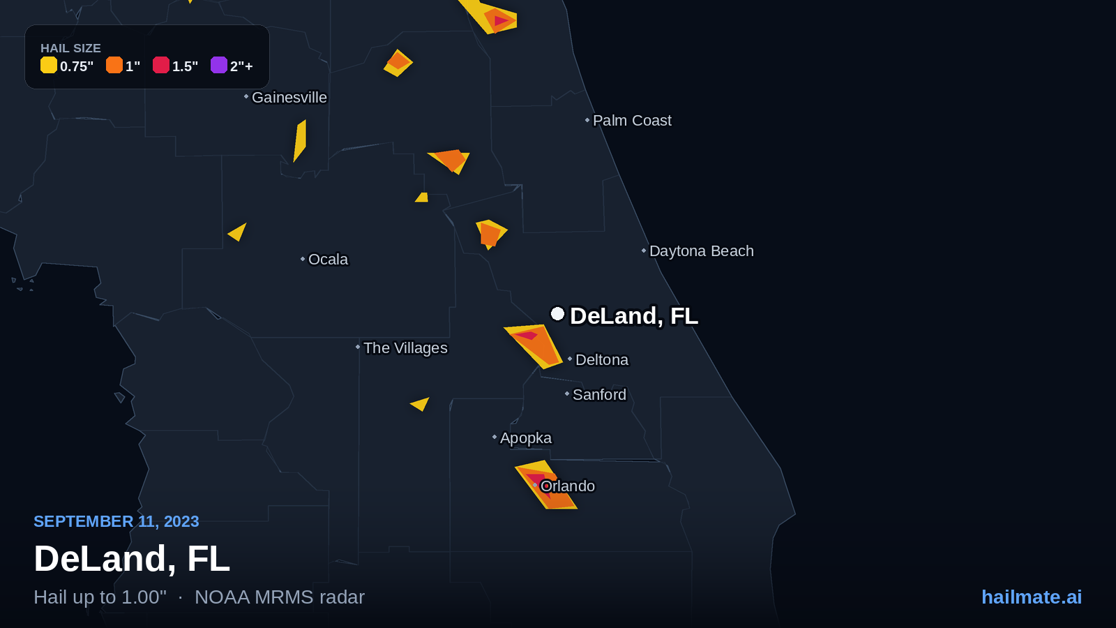 Hail swath map for DeLand, FL on September 11, 2023 showing 1.00 inch hail.