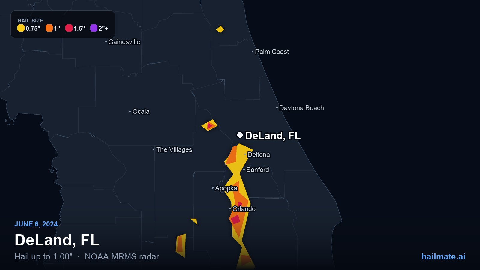 Hail swath map for DeLand, FL on June 6, 2024 showing 1.00 inch hail.