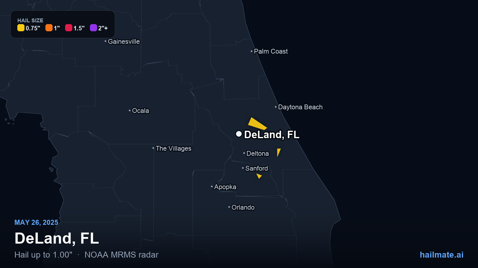 Hail swath map for DeLand, FL on May 26, 2025 showing 1.00 inch hail.
