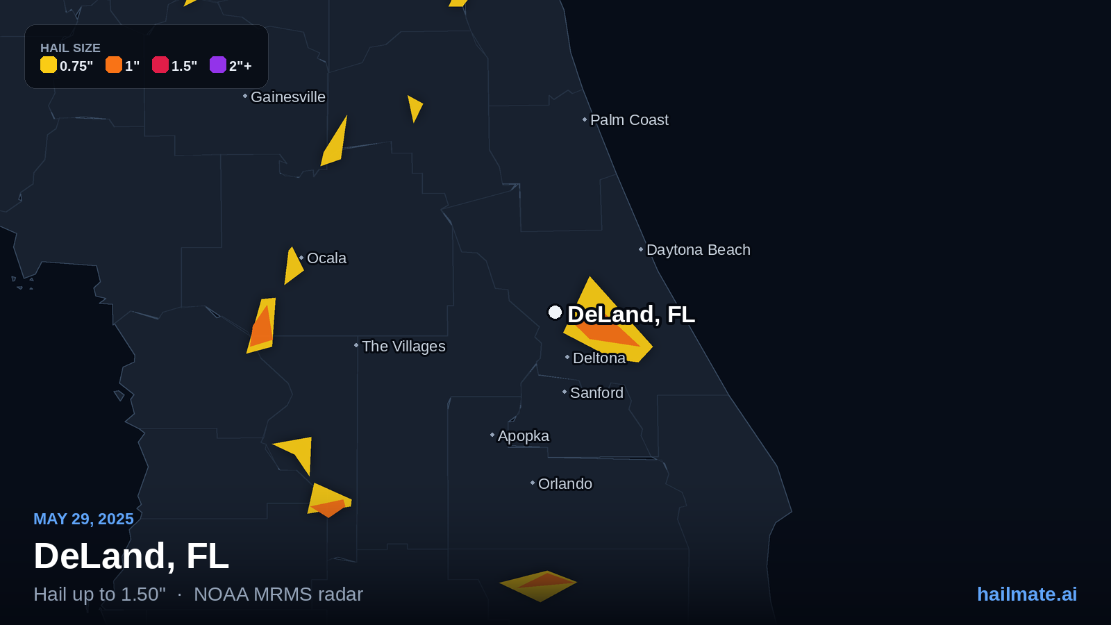 Hail swath map for DeLand, FL on May 29, 2025 showing 1.50 inch hail.