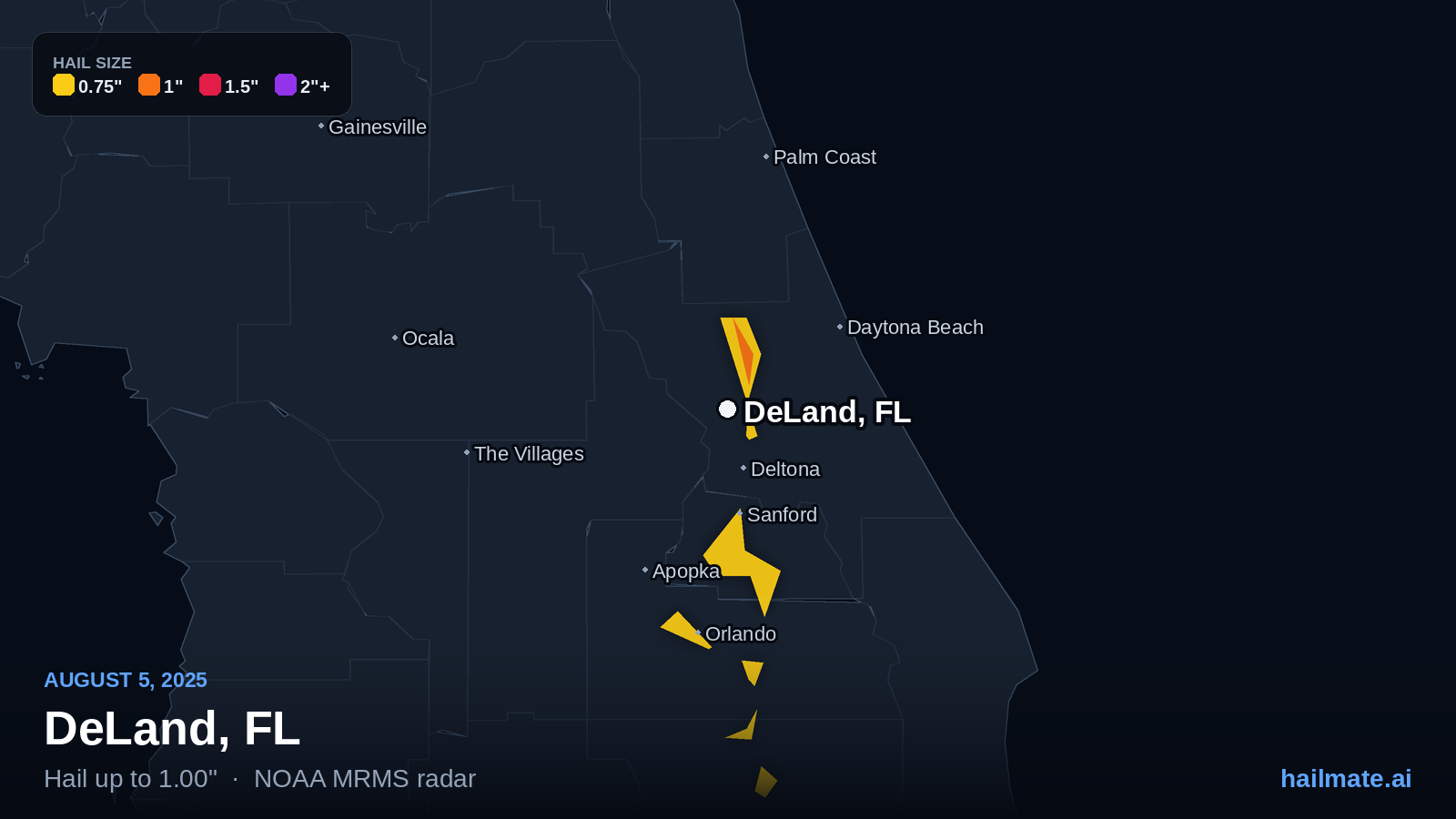Hail swath map for DeLand, FL on August 5, 2025 showing 1.00 inch hail.