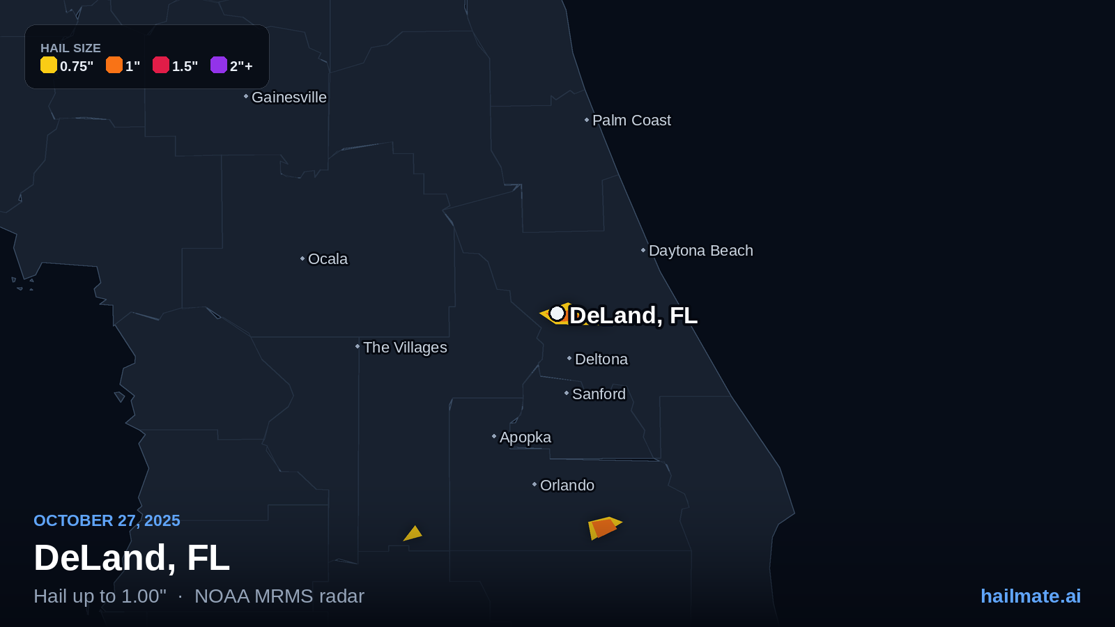 Hail swath map for DeLand, FL on October 27, 2025 showing 1.00 inch hail.