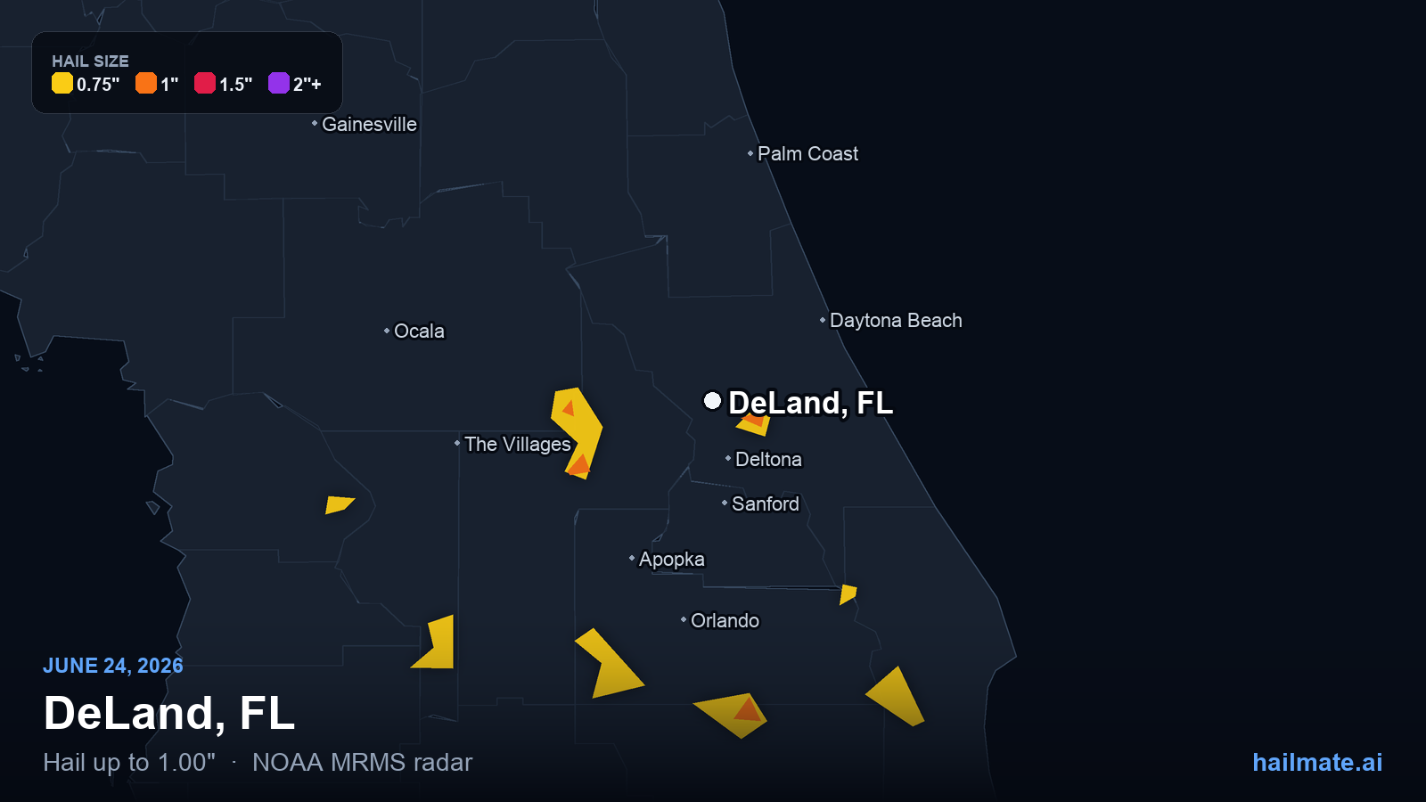 Hail swath map for DeLand, FL on June 24, 2026 showing 1.00 inch hail.