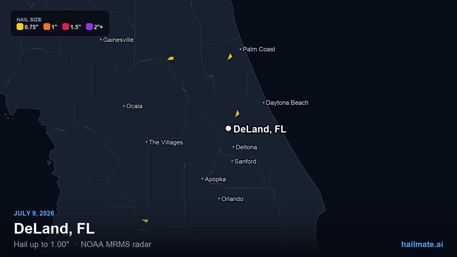 Hail swath map for DeLand, FL on July 9, 2026 showing 1.00 inch hail.