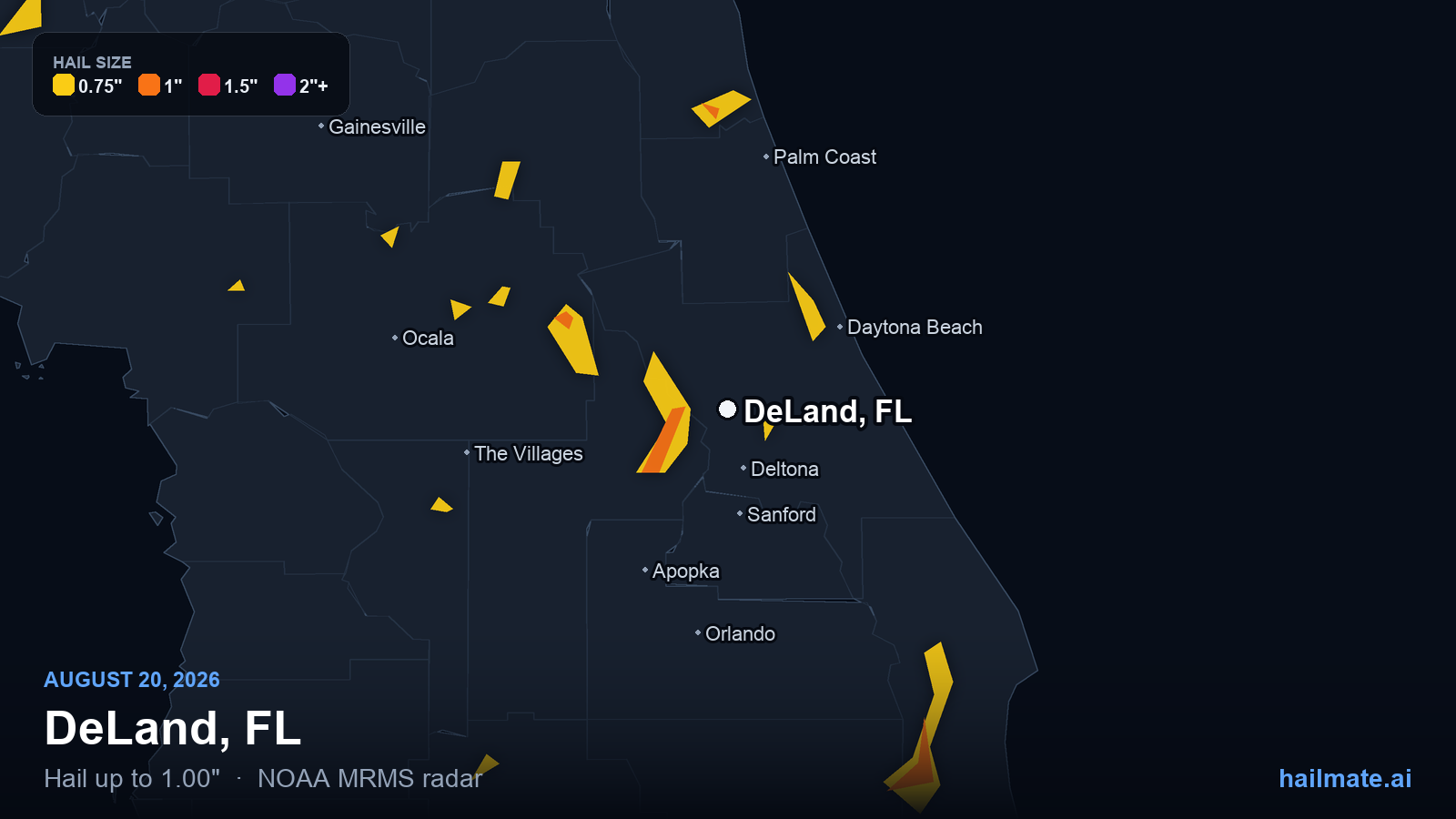 Hail swath map for DeLand, FL on August 20, 2026 showing 1.00 inch hail.