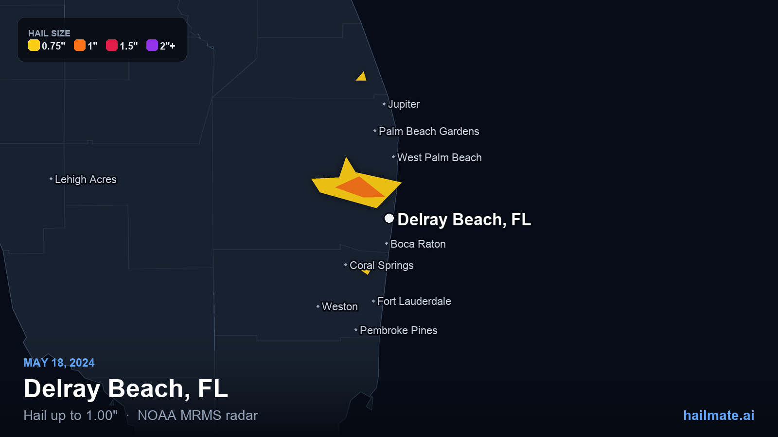 Hail swath map for Delray Beach, FL on May 18, 2024 showing 1.00 inch hail.