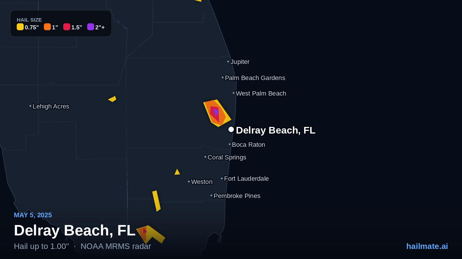 Hail swath map for Delray Beach, FL on May 5, 2025 showing 1.00 inch hail.