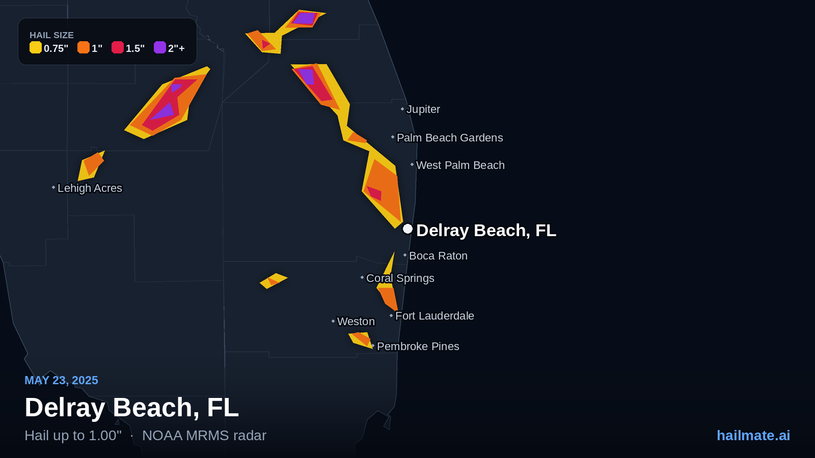 Hail swath map for Delray Beach, FL on May 23, 2025 showing 1.00 inch hail.