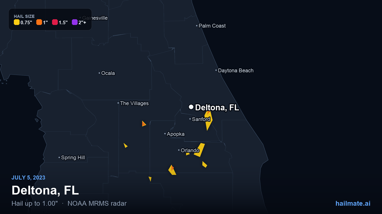 Hail swath map for Deltona, FL on July 5, 2023 showing 1.00 inch hail.