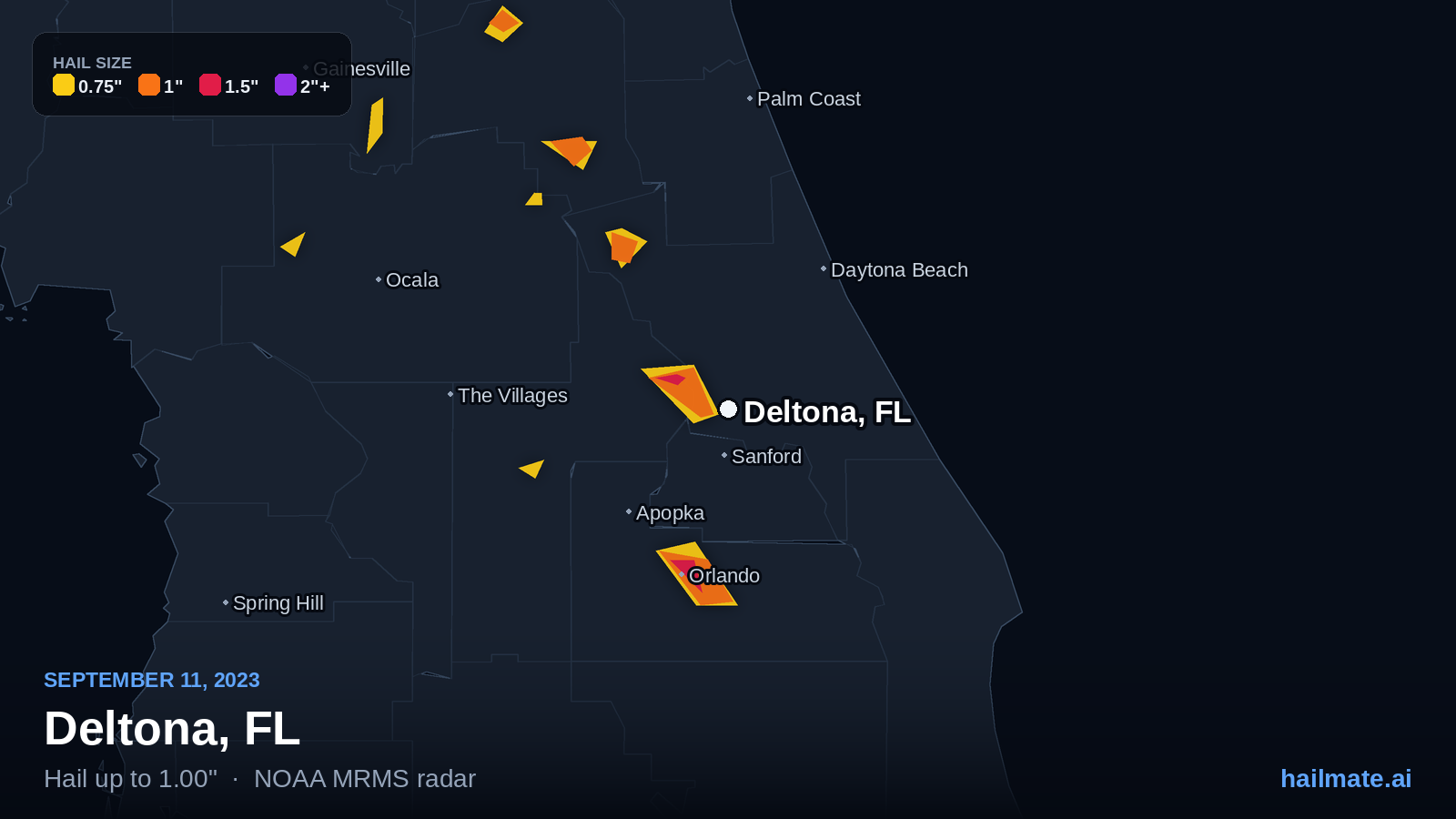 Hail swath map for Deltona, FL on September 11, 2023 showing 1.00 inch hail.