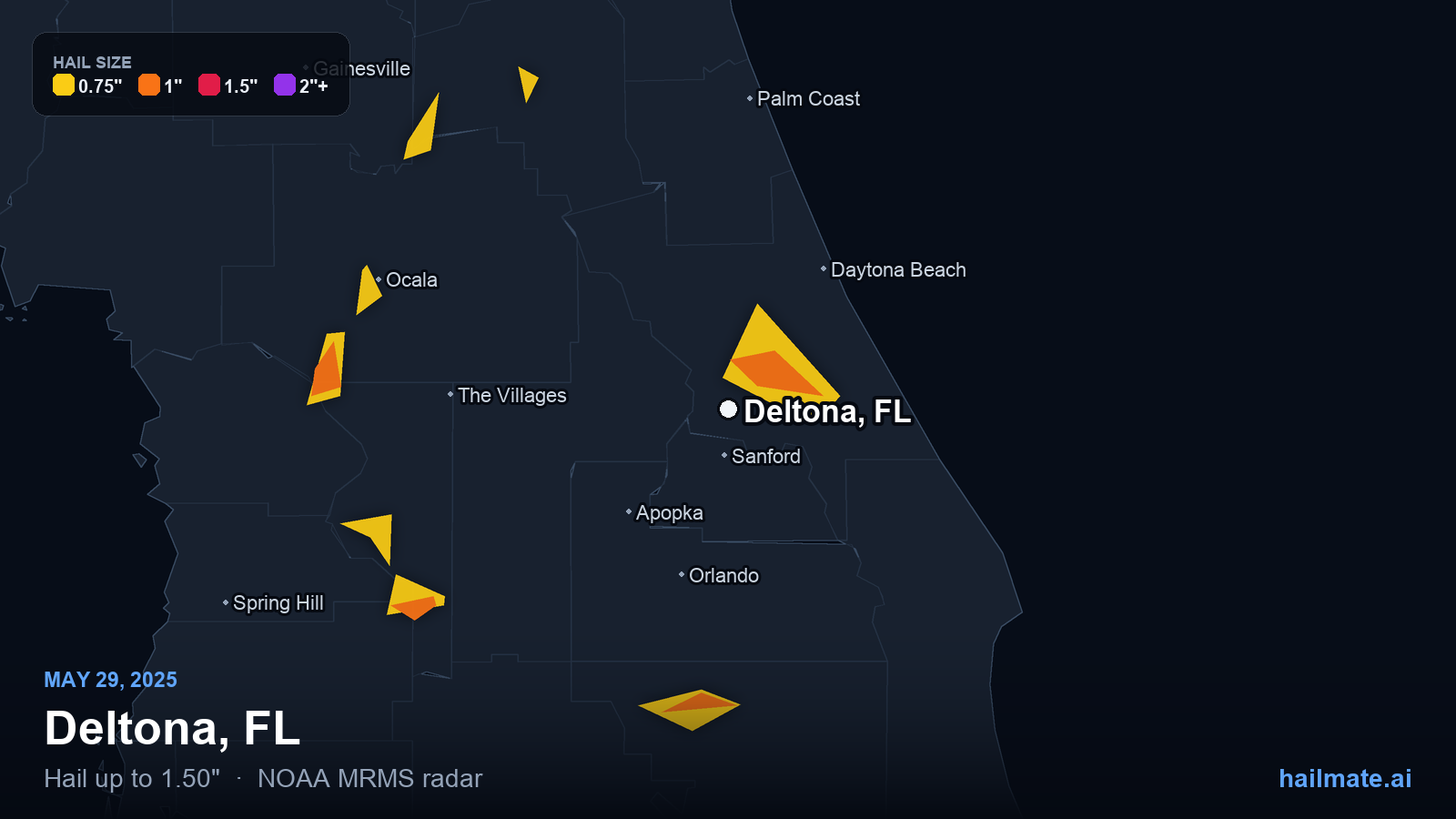 Hail swath map for Deltona, FL on May 29, 2025 showing 1.50 inch hail.