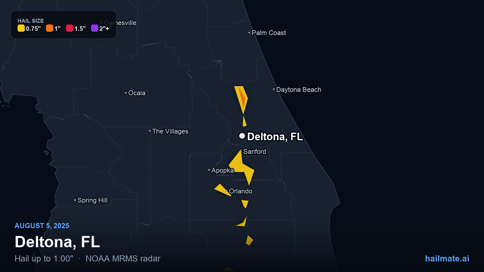 Hail swath map for Deltona, FL on August 5, 2025 showing 1.00 inch hail.