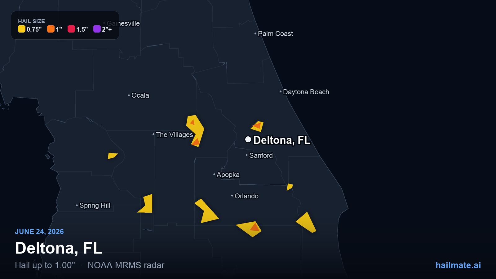 Hail swath map for Deltona, FL on June 24, 2026 showing 1.00 inch hail.