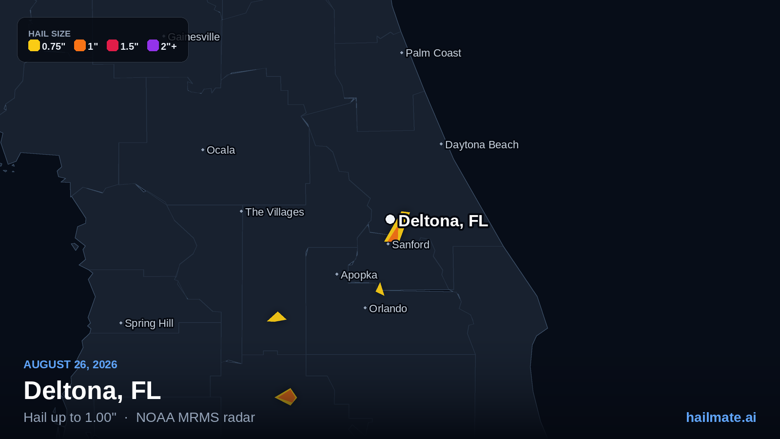 Hail swath map for Deltona, FL on August 26, 2026 showing 1.00 inch hail.