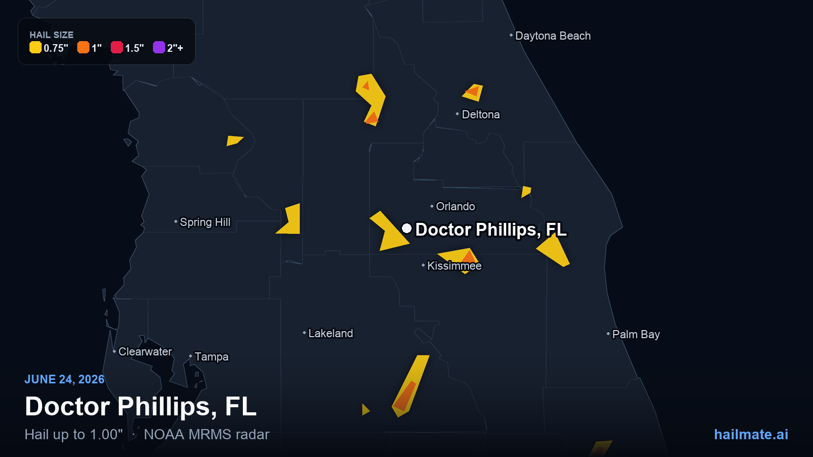 Hail swath map for Doctor Phillips, FL on June 24, 2026 showing 1.00 inch hail.