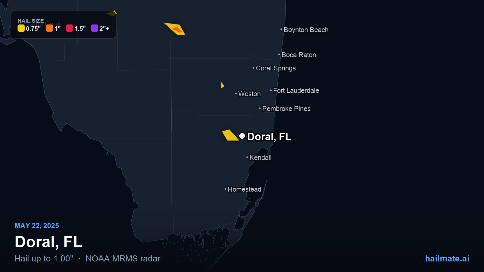 Hail swath map for Doral, FL on May 22, 2025 showing 1.00 inch hail.