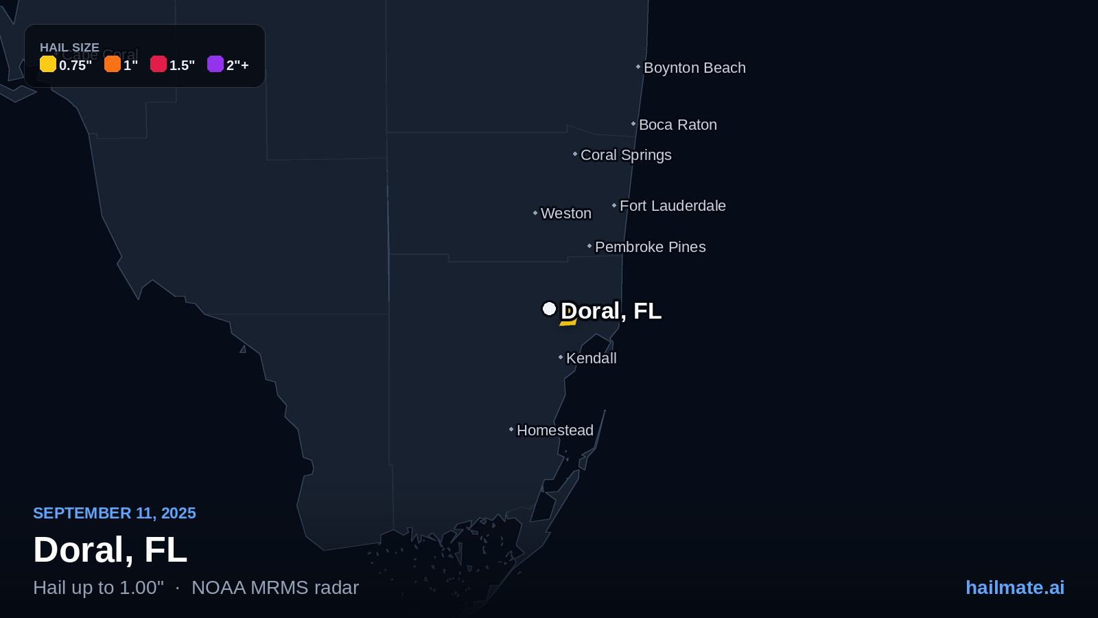 Hail swath map for Doral, FL on September 11, 2025 showing 1.00 inch hail.