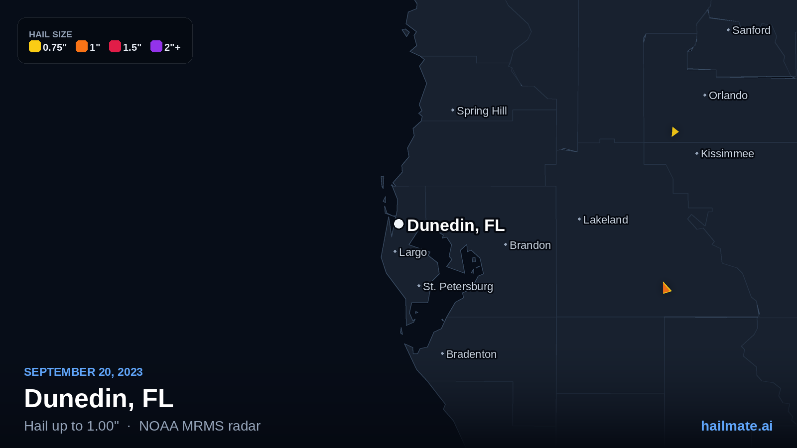 Hail swath map for Dunedin, FL on September 20, 2023 showing 1.00 inch hail.