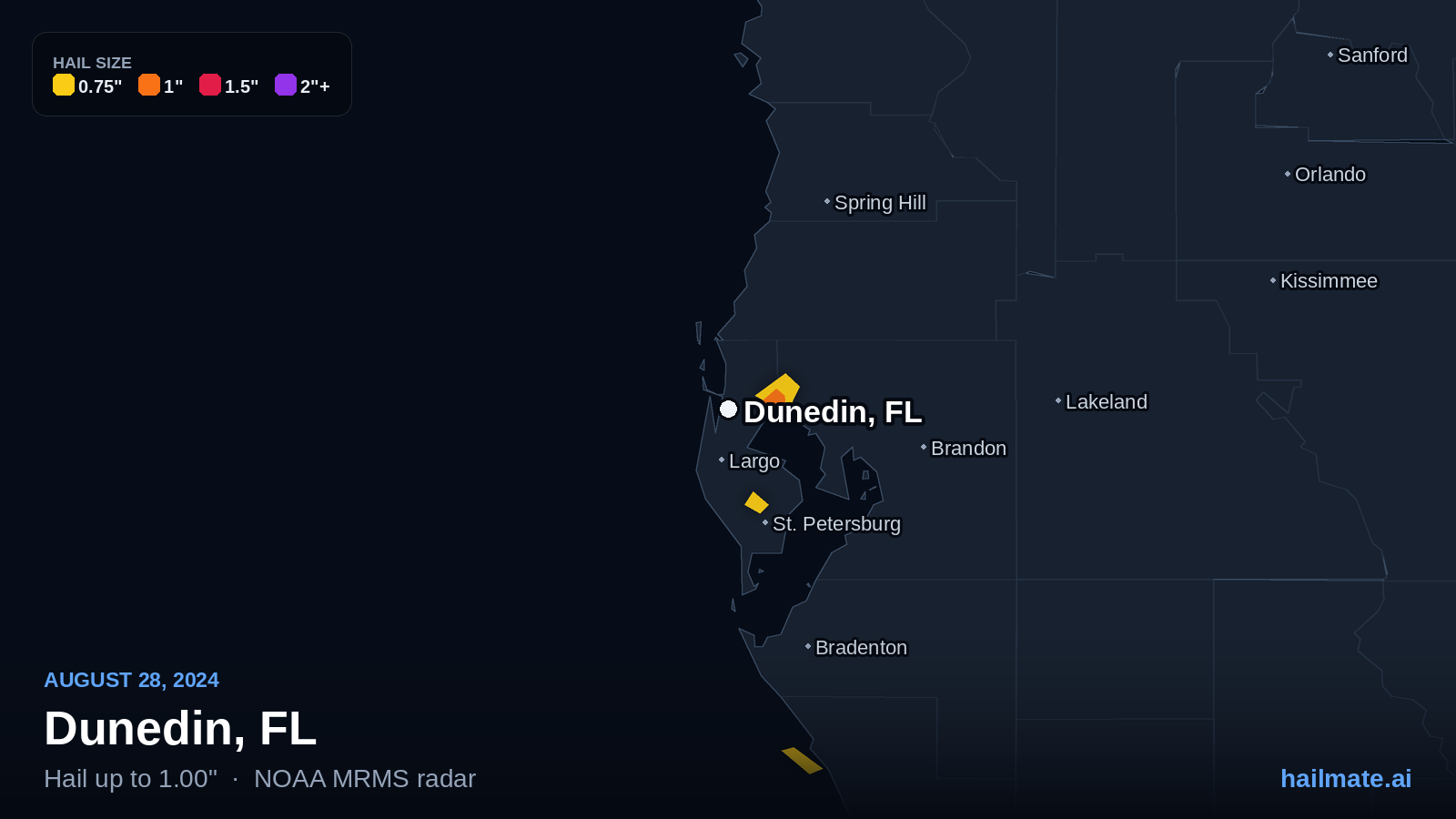 Hail swath map for Dunedin, FL on August 28, 2024 showing 1.00 inch hail.