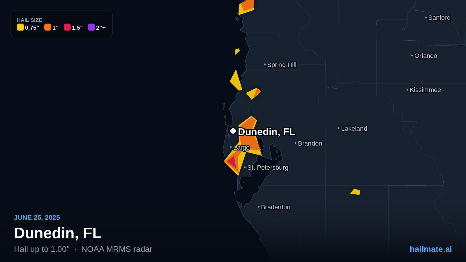 Hail swath map for Dunedin, FL on June 25, 2025 showing 1.00 inch hail.