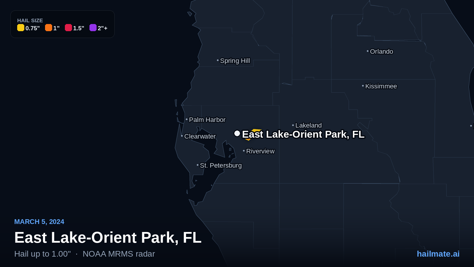 Hail swath map for East Lake-Orient Park, FL on March 5, 2024 showing 1.00 inch hail.
