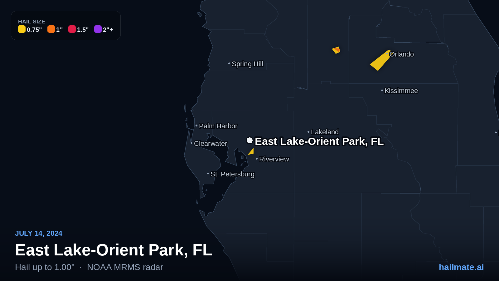 Hail swath map for East Lake-Orient Park, FL on July 14, 2024 showing 1.00 inch hail.