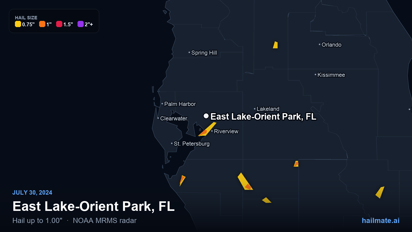 Hail swath map for East Lake-Orient Park, FL on July 30, 2024 showing 1.00 inch hail.