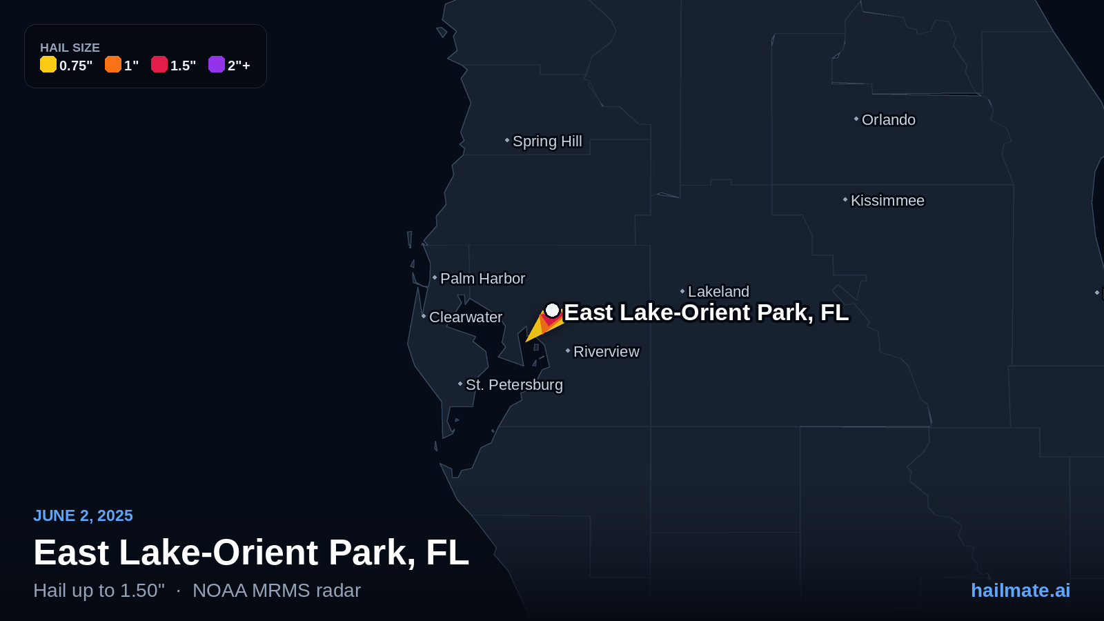 Hail swath map for East Lake-Orient Park, FL on June 2, 2025 showing 1.50 inch hail.