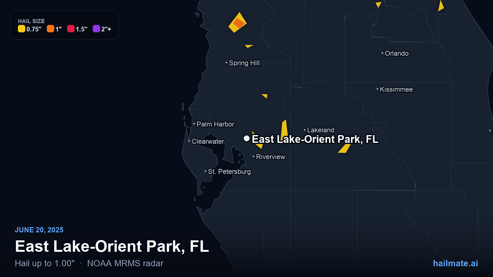 Hail swath map for East Lake-Orient Park, FL on June 20, 2025 showing 1.00 inch hail.