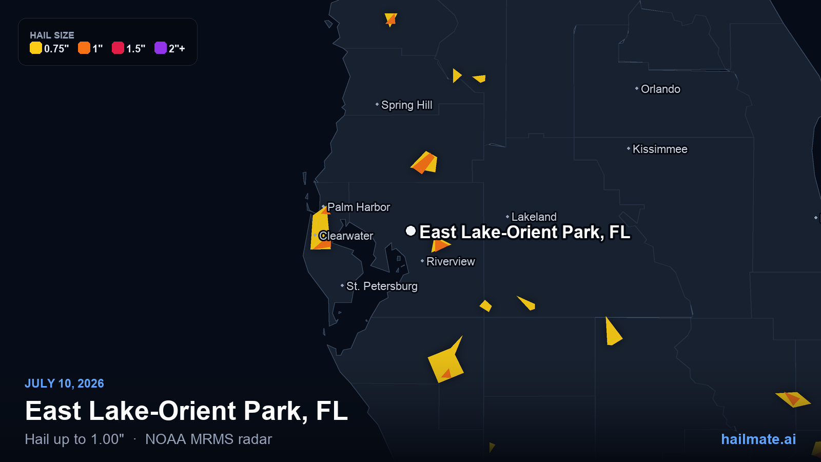 Hail swath map for East Lake-Orient Park, FL on July 10, 2026 showing 1.00 inch hail.