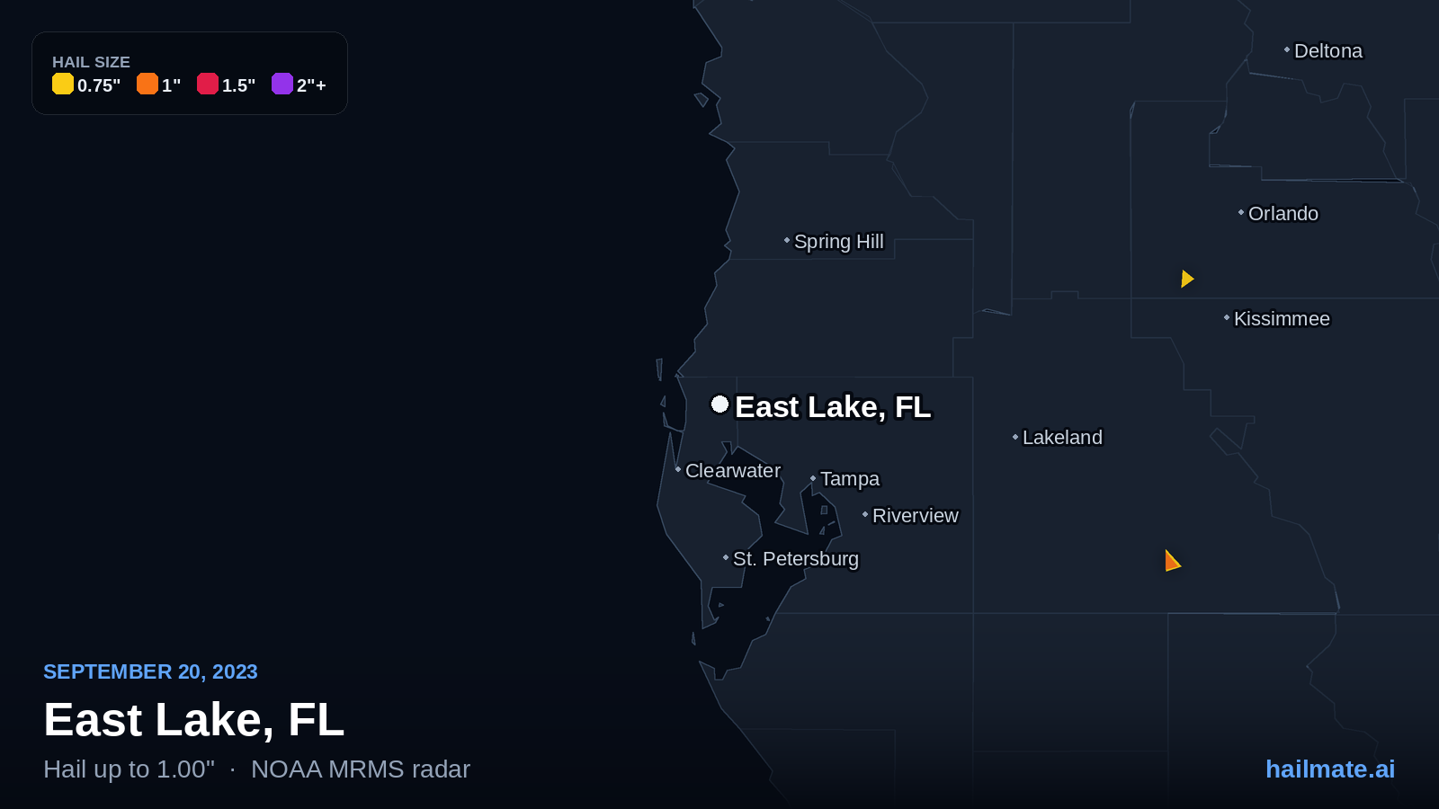 Hail swath map for East Lake, FL on September 20, 2023 showing 1.00 inch hail.