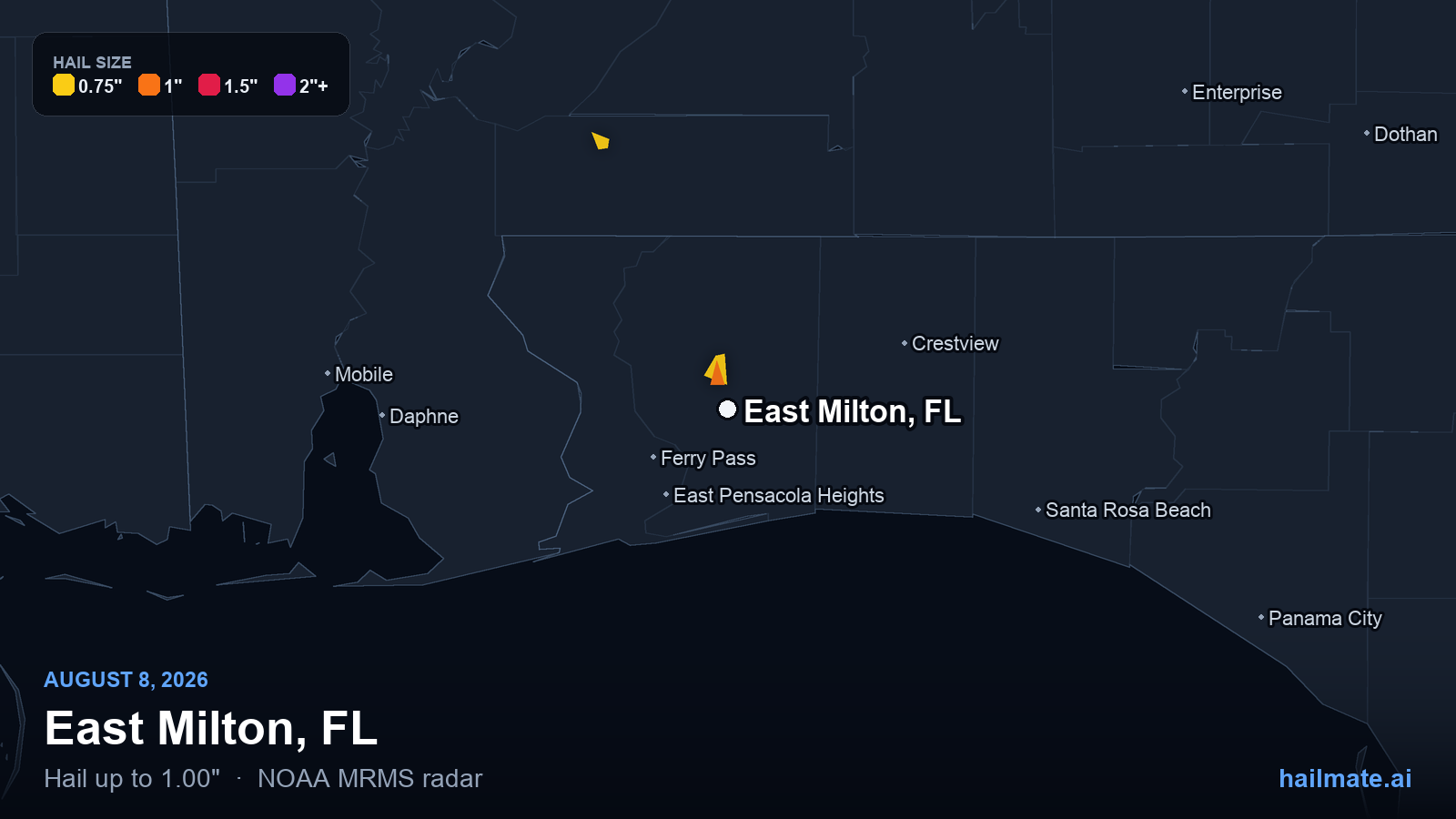 Hail swath map for East Milton, FL on August 8, 2026 showing 1.00 inch hail.