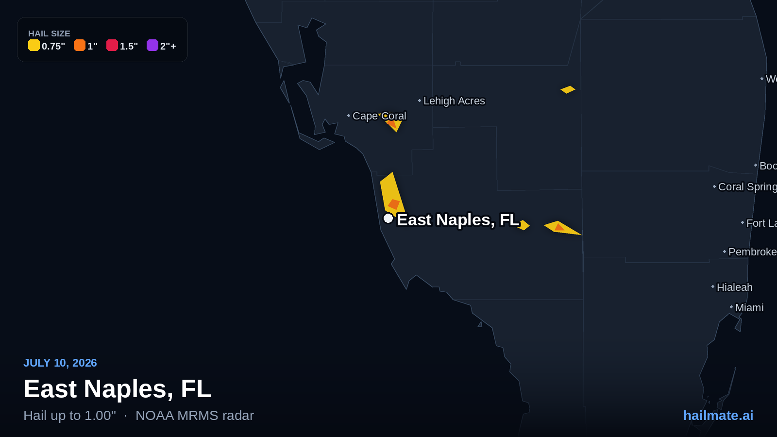 Hail swath map for East Naples, FL on July 10, 2026 showing 1.00 inch hail.