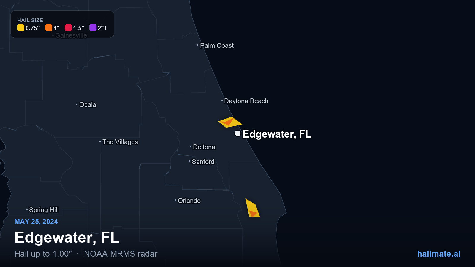 Hail swath map for Edgewater, FL on May 25, 2024 showing 1.00 inch hail.