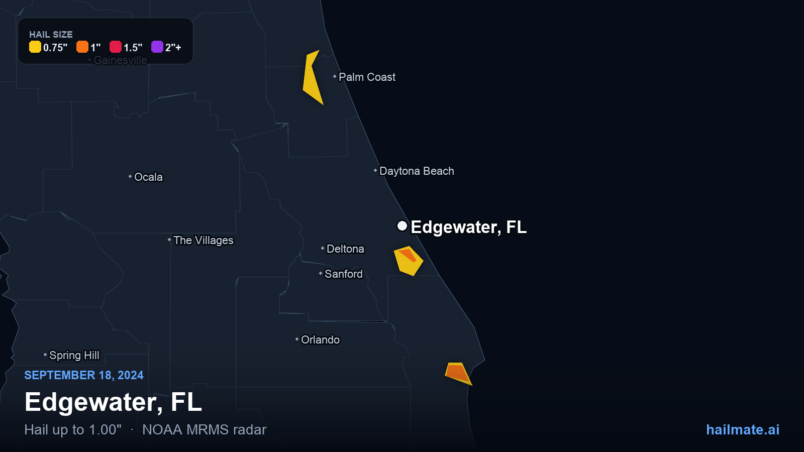 Hail swath map for Edgewater, FL on September 18, 2024 showing 1.00 inch hail.
