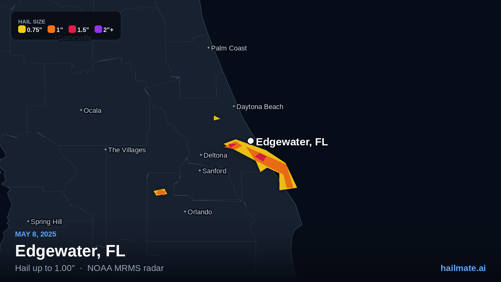 Hail swath map for Edgewater, FL on May 8, 2025 showing 1.00 inch hail.