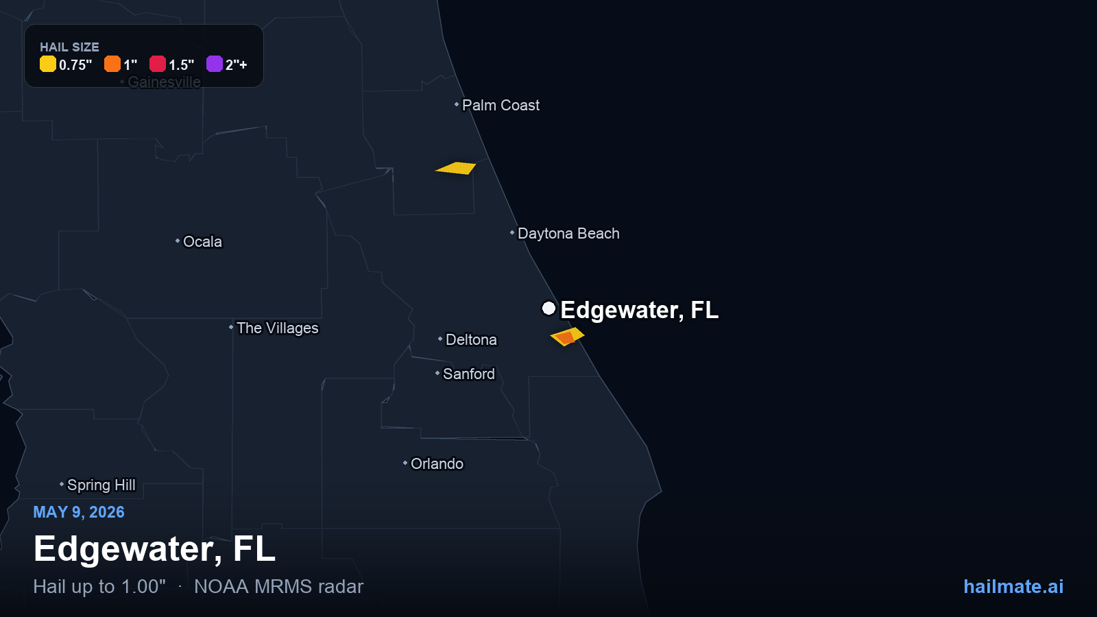 Hail swath map for Edgewater, FL on May 9, 2026 showing 1.00 inch hail.