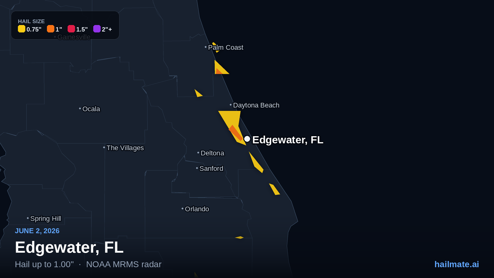 Hail swath map for Edgewater, FL on June 2, 2026 showing 1.00 inch hail.