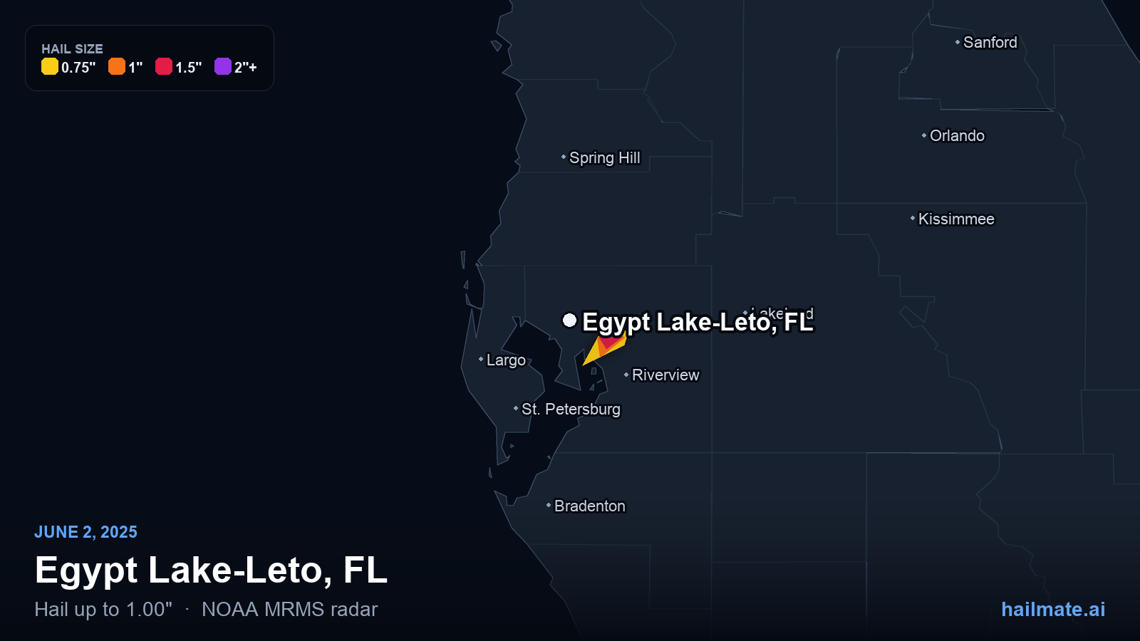 Hail swath map for Egypt Lake-Leto, FL on June 2, 2025 showing 1.00 inch hail.