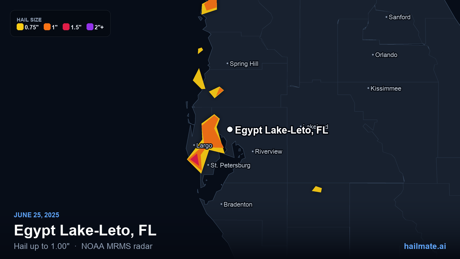 Hail swath map for Egypt Lake-Leto, FL on June 25, 2025 showing 1.00 inch hail.
