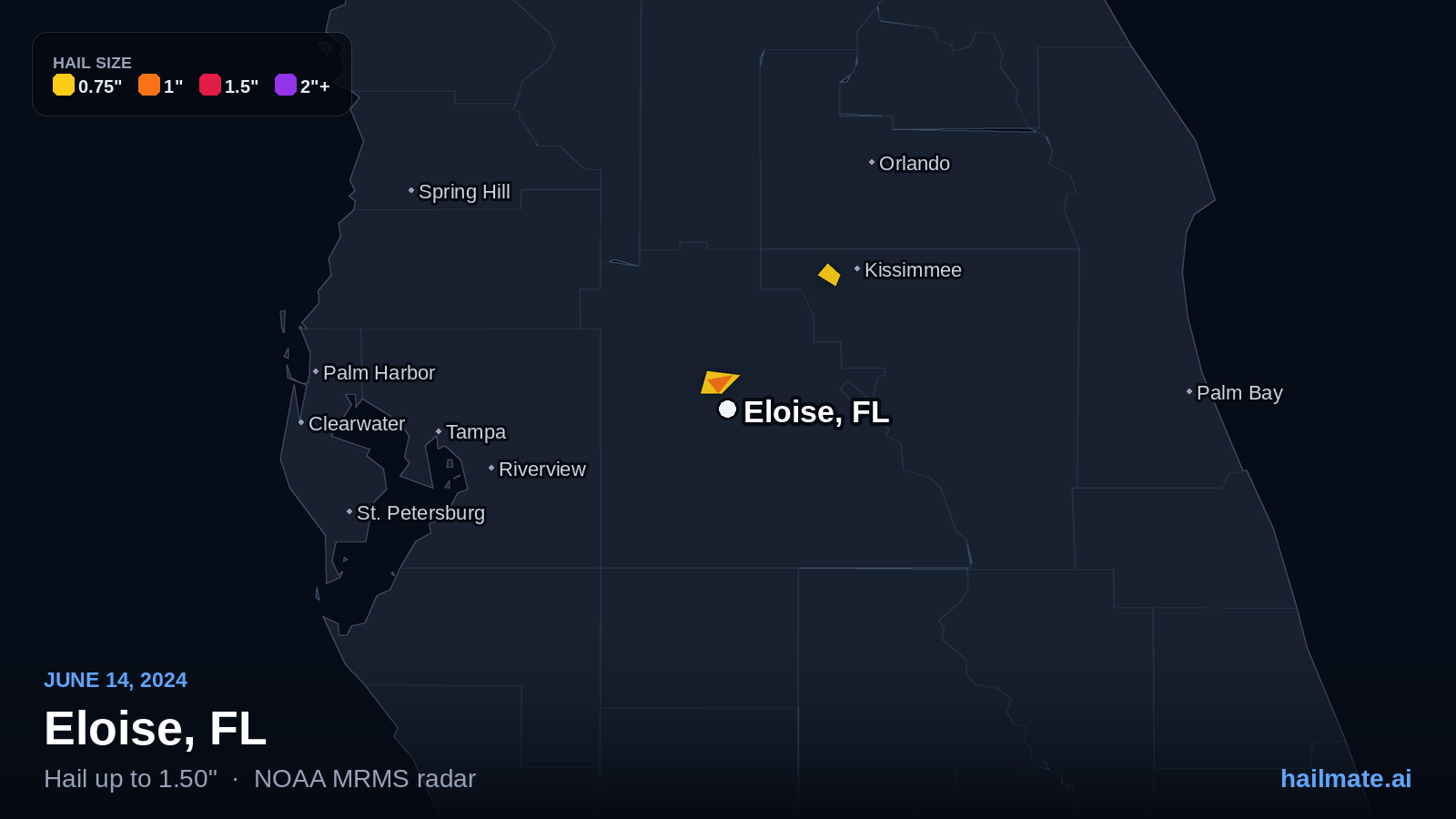 Hail swath map for Eloise, FL on June 14, 2024 showing 1.50 inch hail.