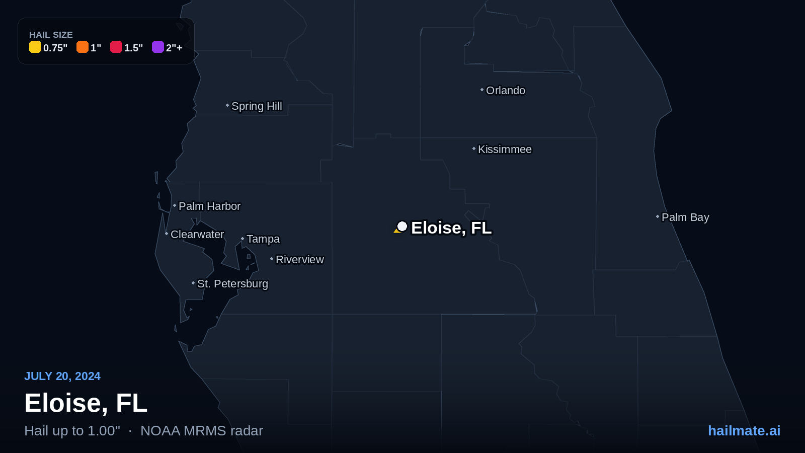 Hail swath map for Eloise, FL on July 20, 2024 showing 1.00 inch hail.