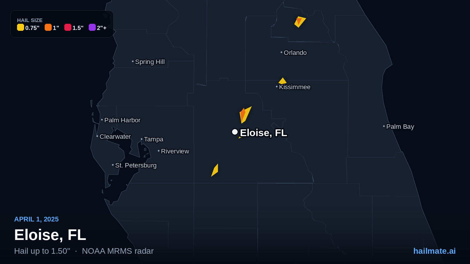 Hail swath map for Eloise, FL on April 1, 2025 showing 1.50 inch hail.