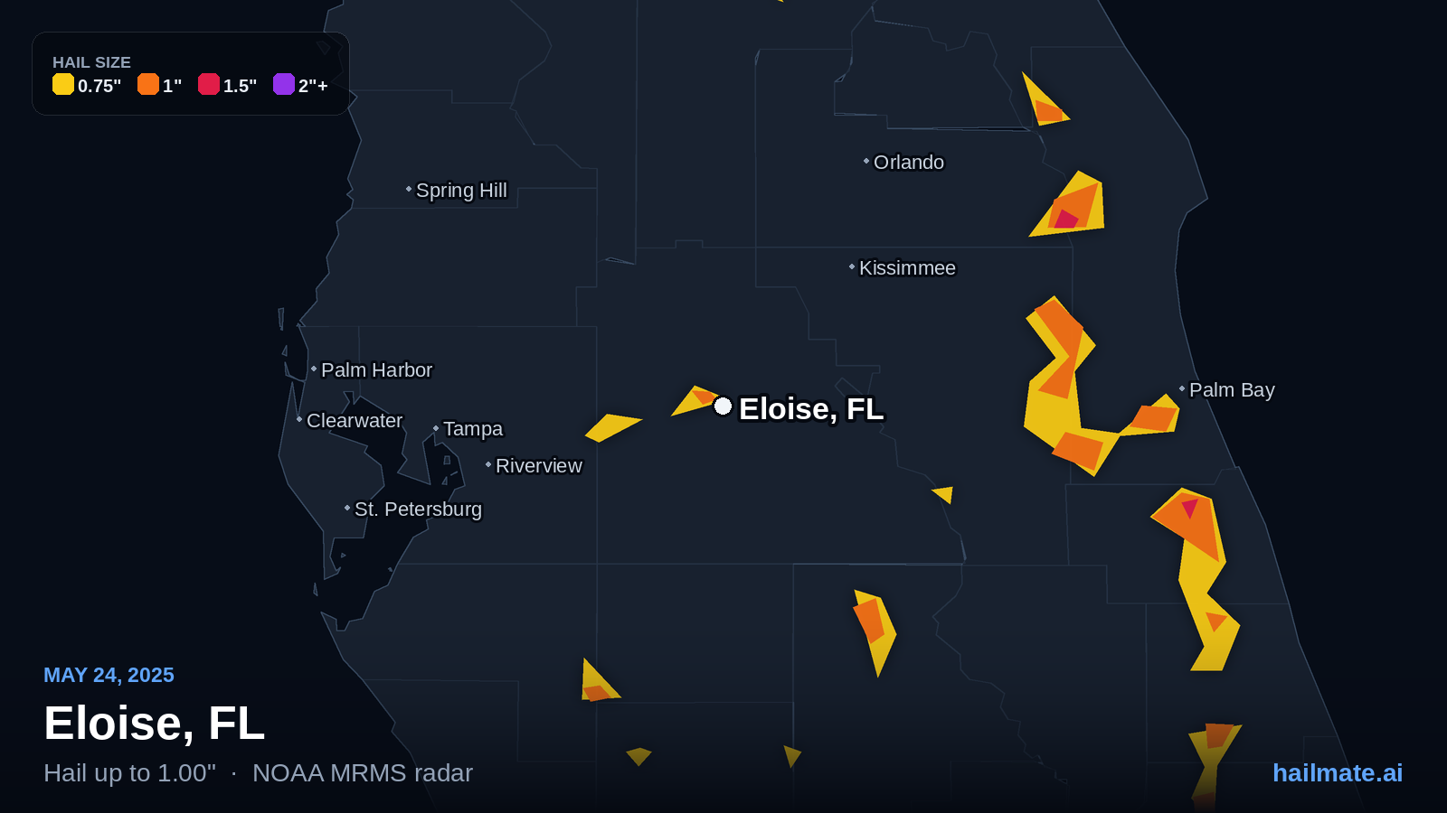 Hail swath map for Eloise, FL on May 24, 2025 showing 1.00 inch hail.