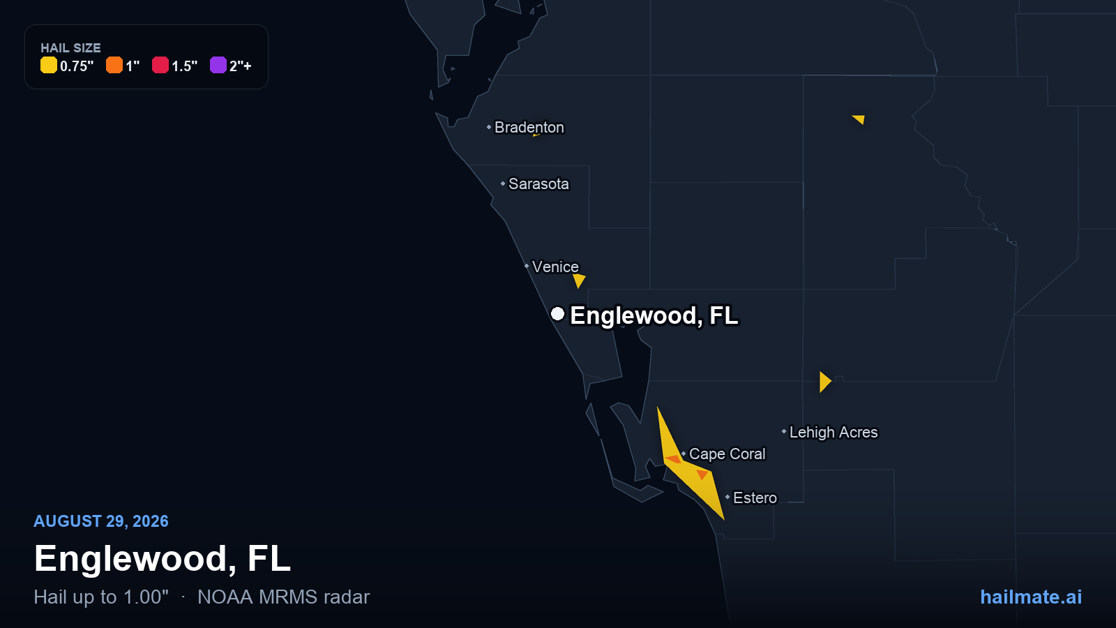 Hail swath map for Englewood, FL on August 29, 2026 showing 1.00 inch hail.