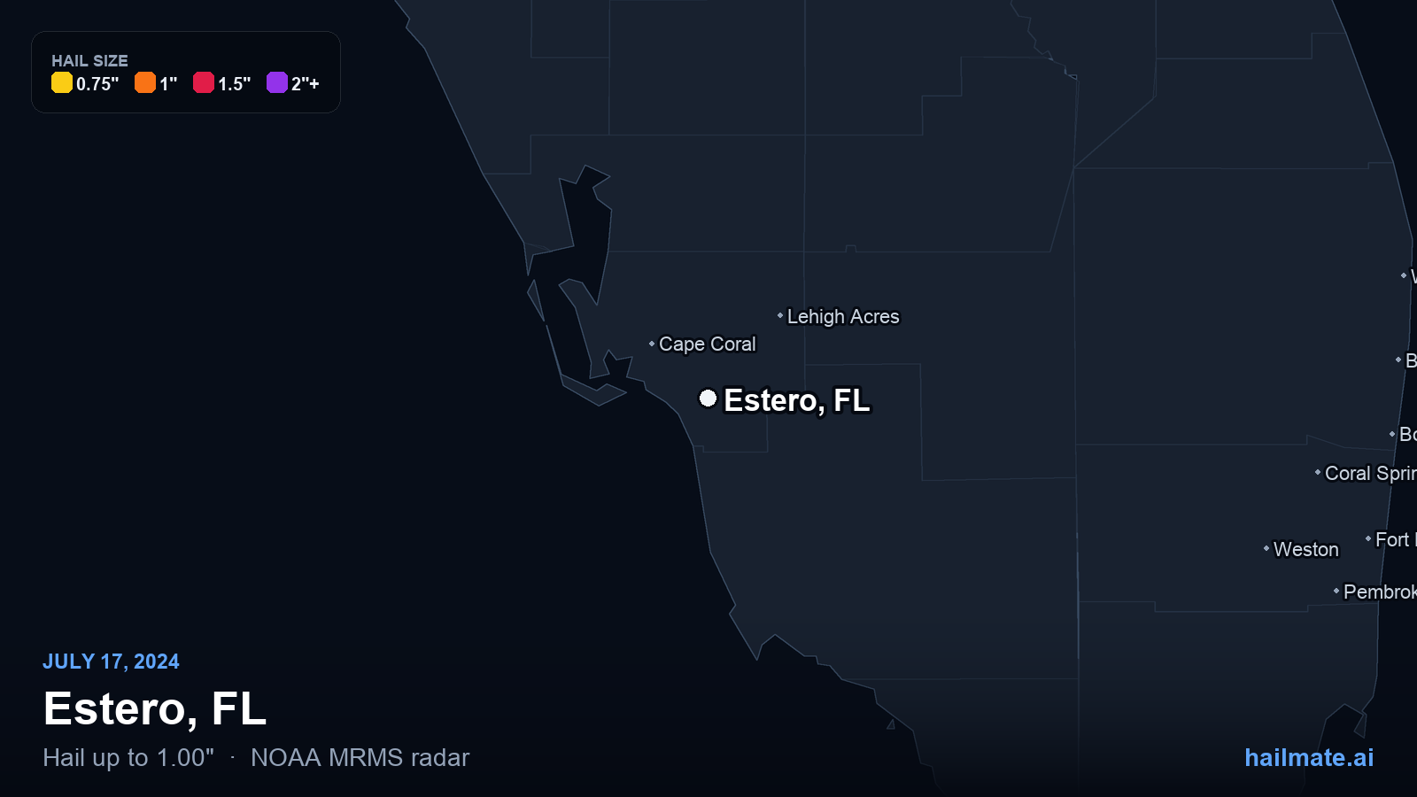 Hail swath map for Estero, FL on July 17, 2024 showing 1.00 inch hail.