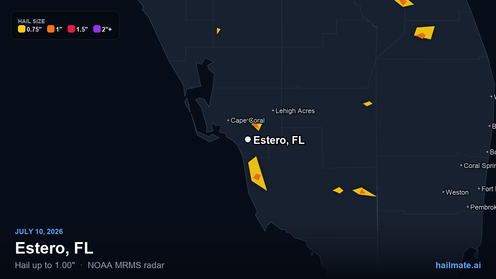 Hail swath map for Estero, FL on July 10, 2026 showing 1.00 inch hail.