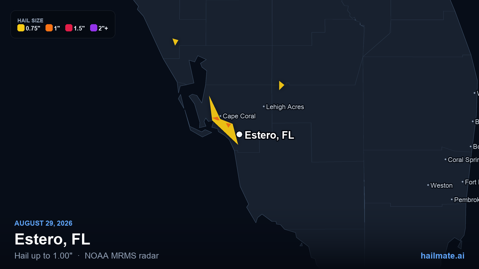 Hail swath map for Estero, FL on August 29, 2026 showing 1.00 inch hail.