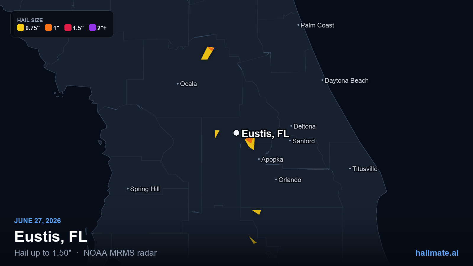 Hail swath map for Eustis, FL on June 27, 2026 showing 1.50 inch hail.