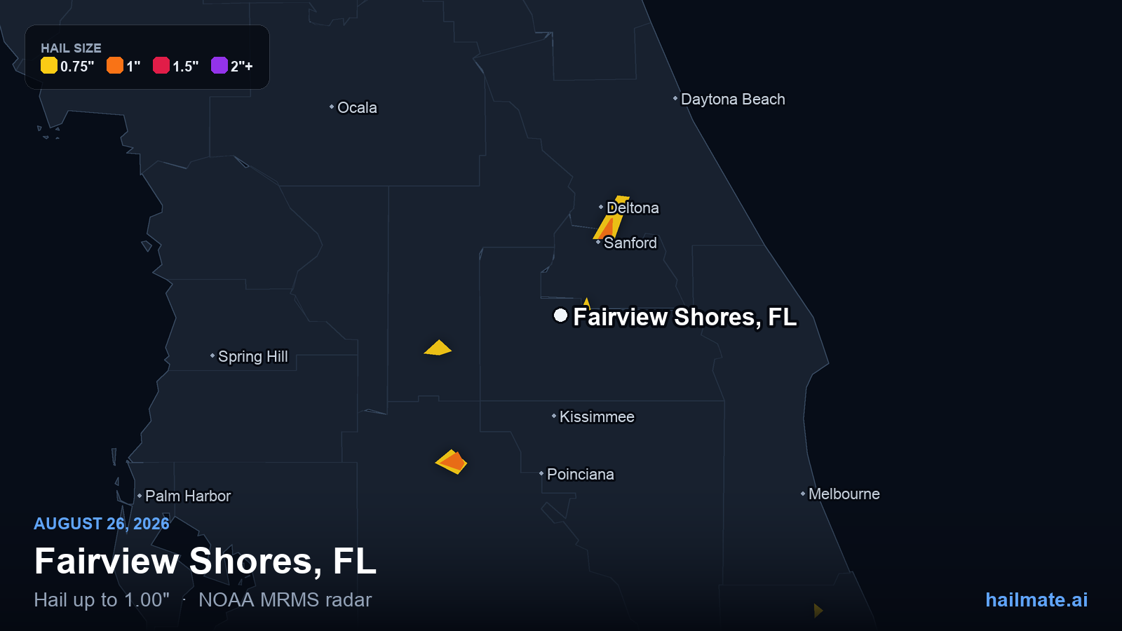 Hail swath map for Fairview Shores, FL on August 26, 2026 showing 1.00 inch hail.